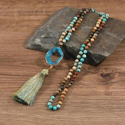 #ad 108 Mala Beads Knotted Necklace Natural Druzy Agate Pendant Tassel Necklace