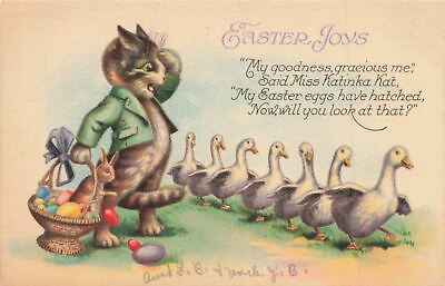#ad c1910 Anthropomorphic Cat Dressed Humanized Eggs Rabbit Easter P304