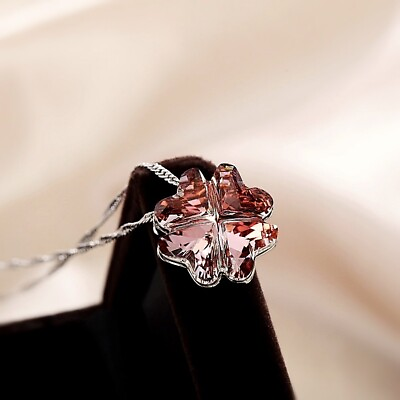 18K White Gold Filled Made With SWAROVSKI Crystal 4 Leaf Heart Clover Necklace