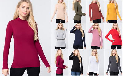 #ad Women#x27;s Basic Mock Neck Long Sleeve Top Stretch Soft Knit Solid Top Cotton