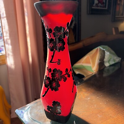 #ad 12” Vase Rare Peking Cameo Glass Frosted Black Gloss Cherry Blossoms Stunning