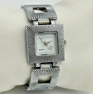 #ad Ladies MONTRES CARLO Silver Tone Square Dial Textured Bracelet Watch 24mm Runs