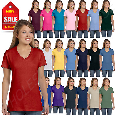 Hanes Womens T Shirt 100% Cotton 4.5 oz Short Sleeve V Neck nano Tee S04V