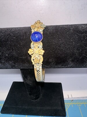 #ad Antique 1930s Art Deco Lazurite Pearls Gold filigree gold gilt bracelet 9”