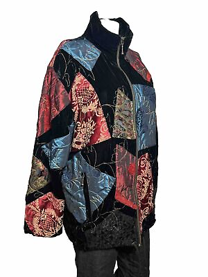 #ad Chicos Womens Velour Patchwork Cardigan Jacket LARGE 14 Black RB