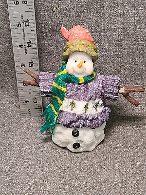 #ad Vintage Christmas Resin Snowman Figure Figurine Pink Hat Purple Sweater 4quot;