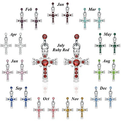 #ad Birthstone Silver Cross Earrings Austrian Crystal Surgical Steel 12 Months