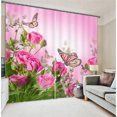 #ad Pink Rose Butterfly 3D Blockout Photo Curtain Print Curtains Fabric Kids Window