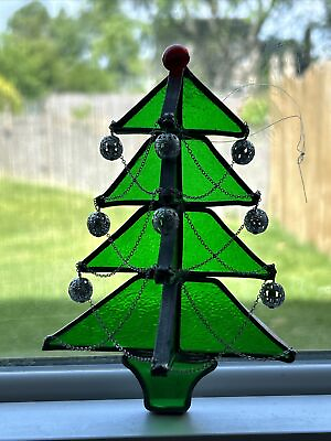 Vintage Stained Glass Christmas Tree Ornament Hanging Suncatcher 6”