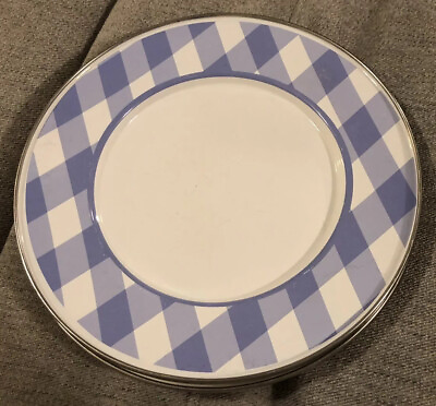 #ad 5 FORMATION ENAMEL WARES 11” DINNER PLATES BLUE CHECKERED PURPLE Metal