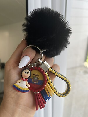 #ad Ecuador Keychain Gift Flag Retro Artistic Handmade Doll Wrist Country Pompom