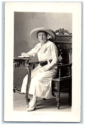 #ad Monticello Wisconsin WI Postcard RPPC Photo Pretty Woman Big Hat c1910#x27;s Antique