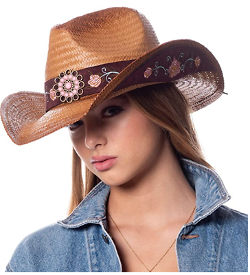 Cowgirl Hat Pink Flower Straw Vintage Leather Western Concert Women#x27;s Cowboy Hat