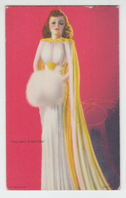 #ad 69732 VINTAGE MUTOSCOPE CARD ALL AMERICAN GIRLS quot;THE LADY IS WAITINGquot;