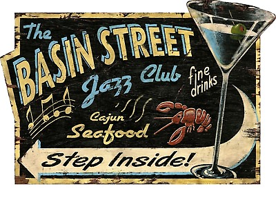 TIN SIGN quot;Basin St Jazzquot; Bars New Orleans Mancave Wall Decor Brass Blues Whodat