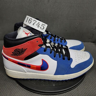 #ad Jordan 1 Mid Multicolored Swoosh Shoes Mens Sz 12 White Blue Red Sneakers