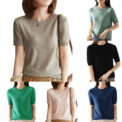 #ad Women Crew Neck Sweaters Tops Short Sleeves Knitted Pullover Casual Lady Shirts