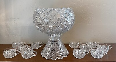 #ad American Brilliant Cut Glass Punch Bowl amp; Cups Possibly J. Hoare Co Corning