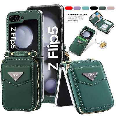 For Samsung Galaxy Z Flip 5 4 3 5g Leather Zipper Wallet Card Case Lanyard Cover