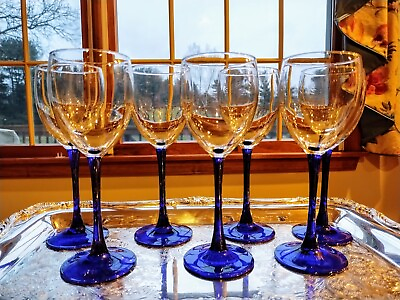#ad #ad Luminarc Crystal Cristal D#x27;Arques Wine Glasses 7.75quot; Blue Stem France Set of 6