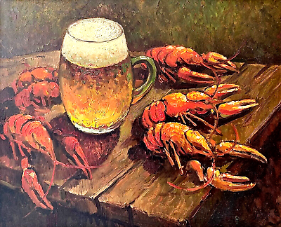 Oil painting art vintage still life old wall decor rare collection beer crayfish