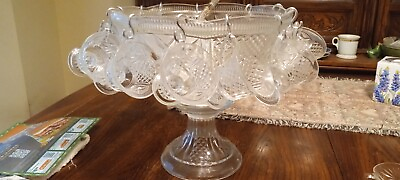 #ad Vintage Glass Punch Bowl w 12 Hanging Cups And Stand