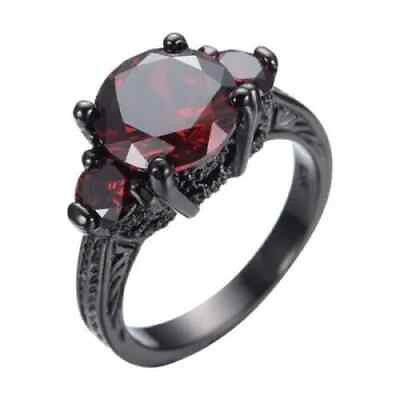 #ad Round Cut Red Garnet Three Gemstone Lab Created Ring 14K Black Gold Plated