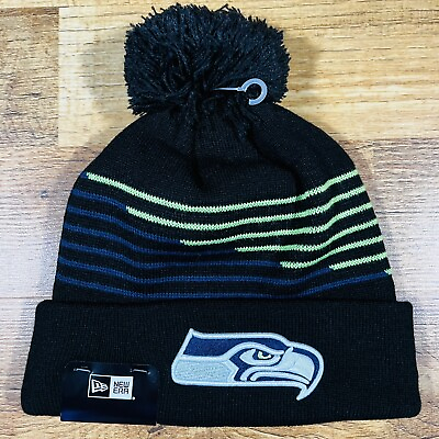 #ad #ad NEW ERA Seattle Seahawks Logo Pom Cuffed Beanie Toboggan Knit Zigzag Hat Cap NWT