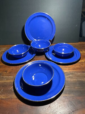 #ad VTG Blue Speckled Enamel Ware Camping Set 4 Dinner Plates amp; Bowls 8 PCs total