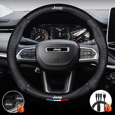 #ad 15quot; Steering Wheel Cover Genuine Leather For 1999 2023 Jeep Black New