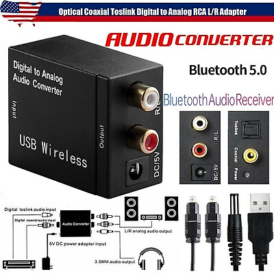 Digital Optical Coaxial to Analog RCA L R Audio Converter Adapter w Fiber Cable