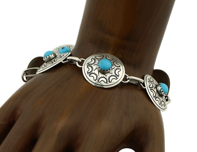 #ad Navajo Link Bracelet .925 Silver Blue Turquoise Native American Artist C.80#x27;s