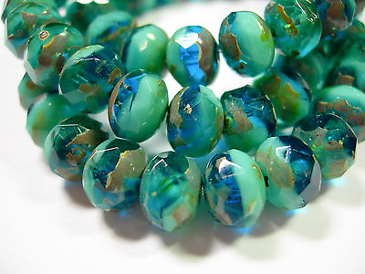 25 8x6mm Capri Blue Turquoise Picasso Czech Fire polished Rondelle beads