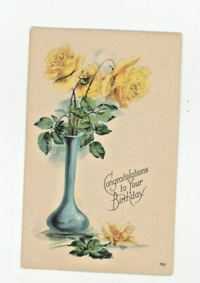 #ad Vintage Birthday Postcard BLUE VASE YELLOW ROSES UNPOSTED