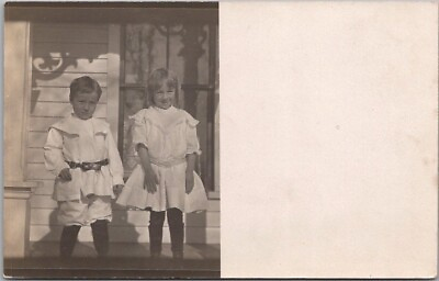 #ad #ad 1910s RPPC Photo Postcard Two Happy Children Kids in New Outfits House Porch
