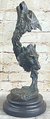 Handcrafted bronze sculpture Head two Wolf Wolves Original Artwork Signed Sale