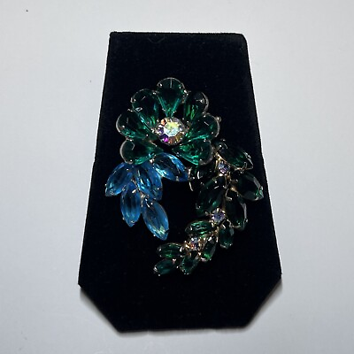 Vtg Green and Blue Marquise Large Glass and Rhinestone Brooch Pin