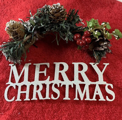 #ad Merry Christmas Greetings Ornament Frosted Metal Slogan w Seasonal Trim Exc