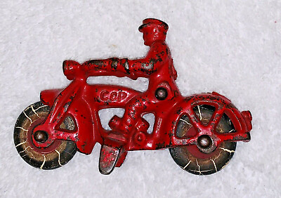 #ad ANTIQUE 1930#x27;s HUBLEY CAST IRON RED TOY MOTORCYCLE quot; COP quot; 2 HEADLIGHTS