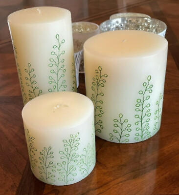 #ad Pottery Barn Etched Fleur Pillar Candles Set 3 Ivory Green S M L Luminary Rare