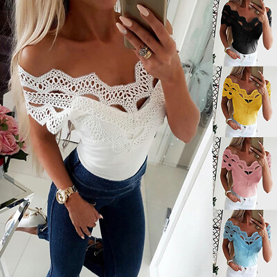 #ad Womens Ladies Sexy Lace Off Shoulder T Shirt Tops Short Sleeve Slim Fit Blouse