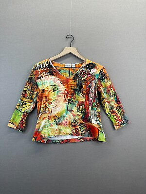 #ad Chicos Womens Multicolor T Shirt Japanese Pattern Long Sleeve Scoop Neck Size 0