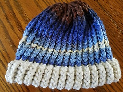 #ad Hand Knit Infant Hat in Blues Brown amp; Tans Super Soft Very Warm
