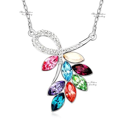 18K White Gold GF Made With Swarovski Crystal Colorful Leaves Cluster Necklace