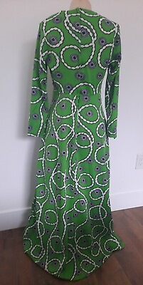 #ad #ad Vintage 60s 70s Handmade Maxi Dress Size S Long Sleeve Green Bold Print