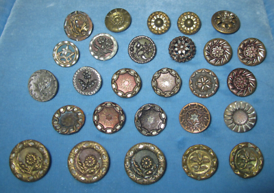 #ad Lot of 27 antique buttons pierced brass steel cutouts flowers mirrored borders