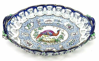 Antique Booths England Chelsea Birds Oval Basket Bowl Floral Cobalt Blue