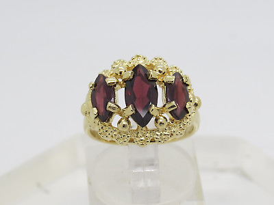#ad Solid 14k Yellow Gold Marquise Red Garnet Three Gemstone Cage Ring Size 6.25