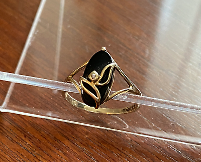 #ad TGI Signed10k Yellow Gold Onyx Diamond Accent Flower Ring Sz 5