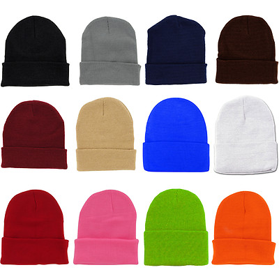 Solid Plain Beanie Ski Cap Hat Skull Knit Cuff Warm Slouchy Unisex Multicolor